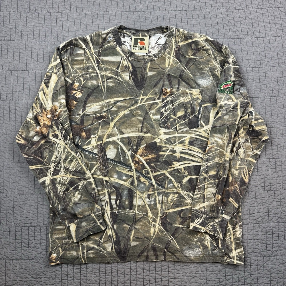 Vtg Y2K Russell Athletic Outdoors Camo‎ T Shirt Men's Large Max 1 Mtn Dew Logo
